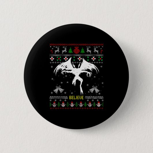 Funny Mothman Ugly Christmas Sweater Believe Crypt Button (Vorderseite)