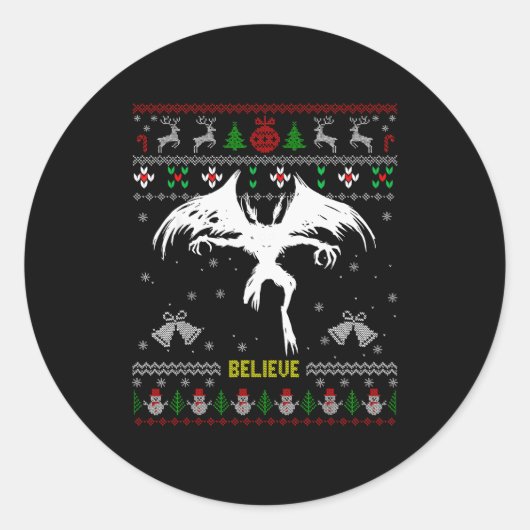 Funny Mothman Ugly Christmas Sweater Believe Crypt Runder Aufkleber (Vorderseite)