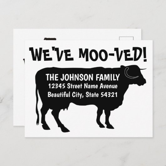 Funny Moving Kuh neue Adresse Wir haben mooved Bla Ankündigungspostkarte (Vorne/Hinten)