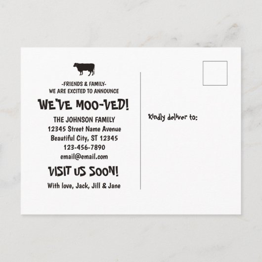 Funny Moving Kuh neue Adresse Wir haben mooved Bla Ankündigungspostkarte (Rückseite)