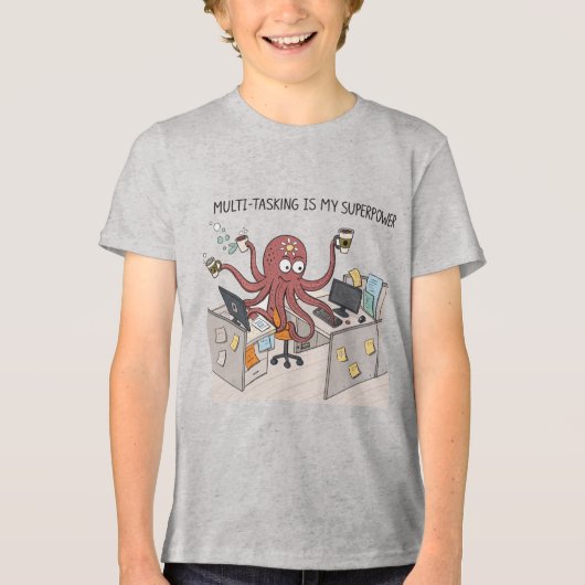 Funny Multitasking Octopus | Büro Humor Cartoon Tri-Blend Shirt (Vorderseite)