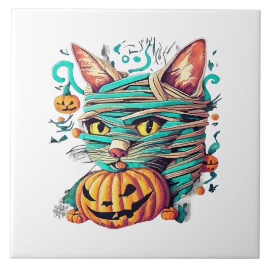 Funny Mummy Cat Halloween Fliese (Vorderseite)