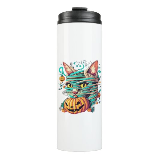 Funny Mummy Cat Halloween Thermosbecher (Vorderseite)