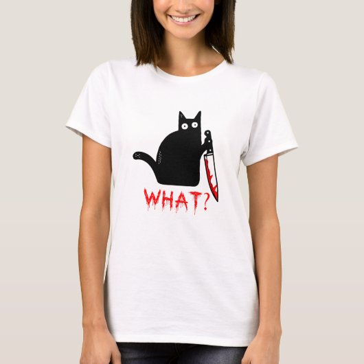 Funny Murderous Cat Holding Knife Black Cat was? T-Shirt (Vorderseite)