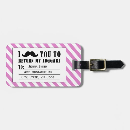 FUNNY MUSTACHE LUGGAGE TAG | PINK STRIPES GEPÄCKANHÄNGER (Vorderseite horizontal)