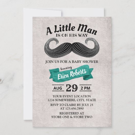 Funny Mustache Niedlich Little Man Aquamarin Baby Einladung (Vorderseite)