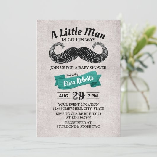 Funny Mustache Niedlich Little Man Aquamarin Baby Einladung (Stehend Vorderseite)