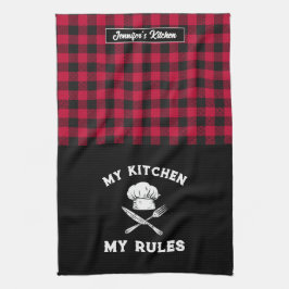 Funny My Kitchen My Rules Red Black Kariert Patter Geschirrtuch