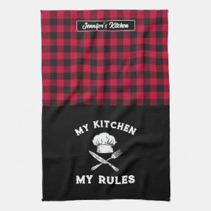 Funny My Kitchen My Rules Red Black Kariert Patter Geschirrtuch