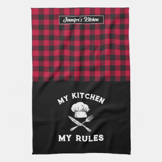 Funny My Kitchen My Rules Red Black Kariert Patter Geschirrtuch (Vertikal)
