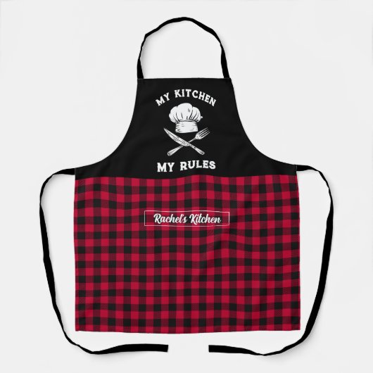 Funny My Kitchen My Rules Red Black Kariert Patter Schürze (Vorderseite)