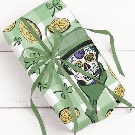 Funny n' Festival Green Irish Sugar Skulls & Coins Geschenkpapier