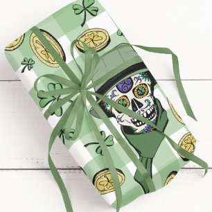 Funny n' Festival Green Irish Sugar Skulls & Coins Geschenkpapier