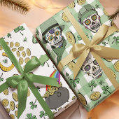 Funny n' Festival Green Irish Sugar Skulls & Coins Geschenkpapier