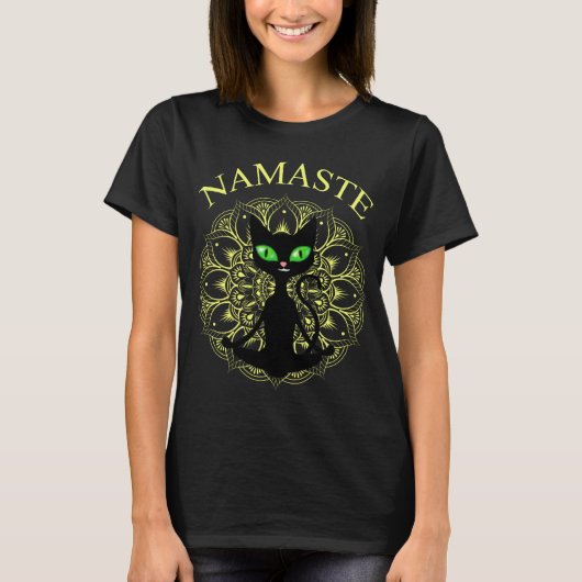 Funny Namaste Cat Yoga Yellow Mandala T-Shirt (Vorderseite)