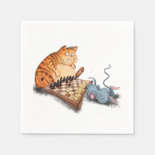 Funny Napkins Cat and Mouse Playing Schach Cartoon Serviette