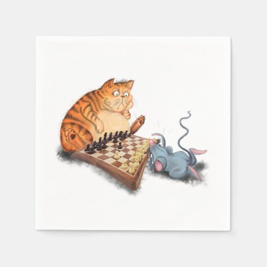 Funny Napkins Cat and Mouse Playing Schach Cartoon Serviette (Vorderseite)