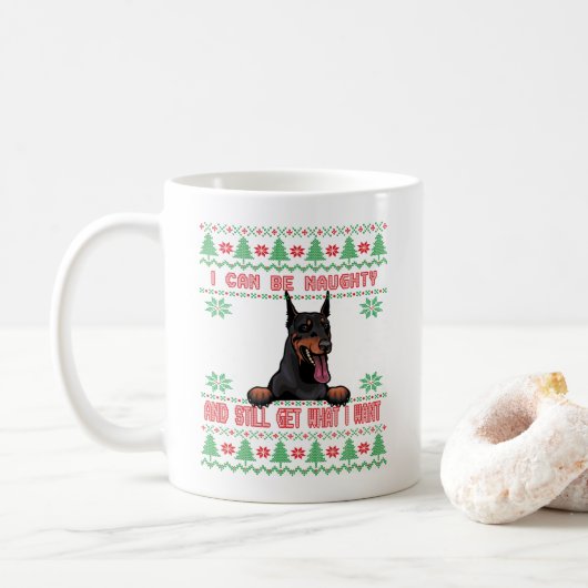 Funny Naughty Doberman Ugly Christmas Sweater Kaffeetasse (Mit Donut)