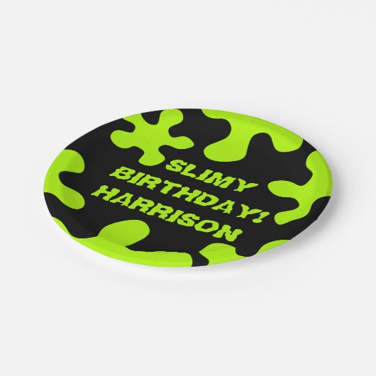 Funny Neon Green Slime individuelle Name Geburtsta Pappteller (Schrägansicht)