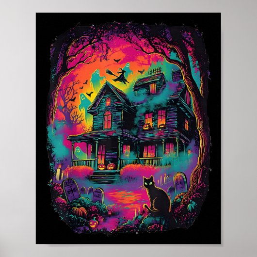 Funny Neon S Ghost Black Cat Hexe Halloween Poster (Vorne)