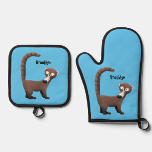 Funny neugierig coatimundi Cartoon Illustration Ofenhandschuh & Topflappen-Set