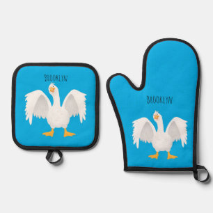Funny neugierig Hausgans Cartoon Illustration Ofenhandschuh & Topflappen-Set