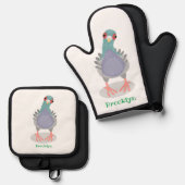 Funny neugierig Taube Cartoon Illustration Ofenhandschuh & Topflappen-Set (Vorderseite/Rückseite)
