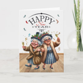 Funny New Year Lesbian Couple Vintage Karikaturen Feiertagskarte
