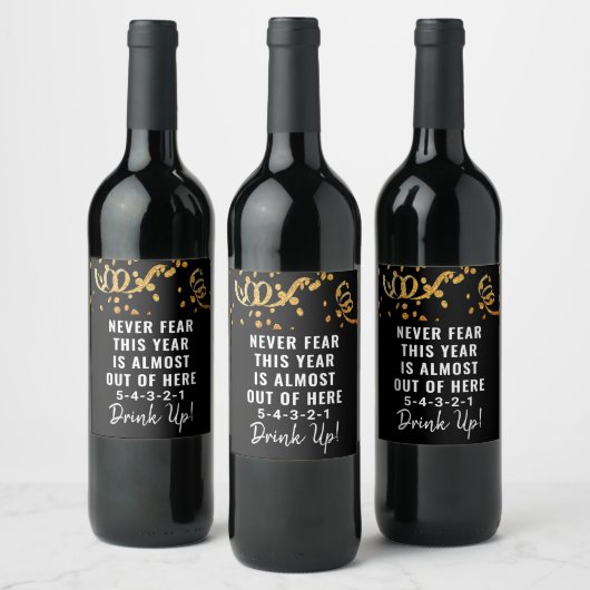 Funny New Years Black Gold Glitter Confetti Weinetikett (Flaschen)
