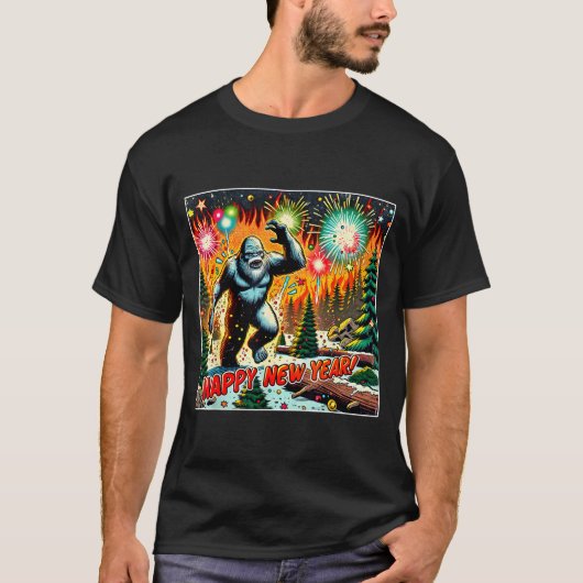 Funny New Years Eve 2024 Bigfoot And Fireworks Hum T-Shirt (Vorderseite)