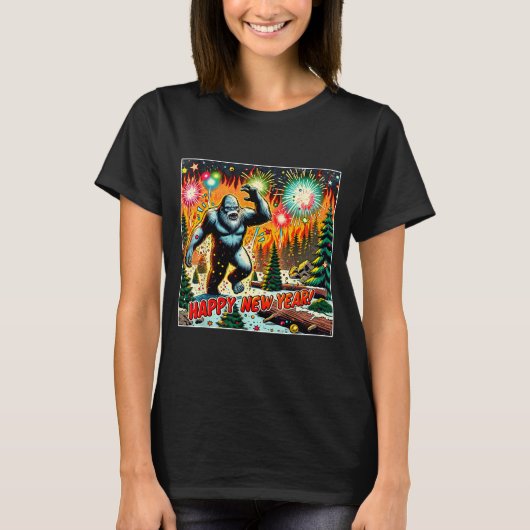 Funny New Years Eve 2024 Bigfoot And Fireworks Hum T-Shirt (Vorderseite)