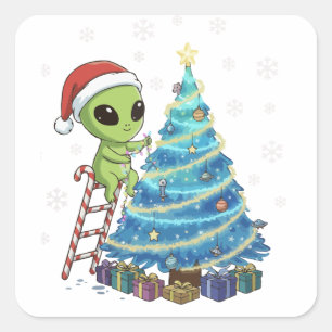 Funny Niedlich Alien Weihnachtsfeiertage Weihnacht Quadratischer Aufkleber
