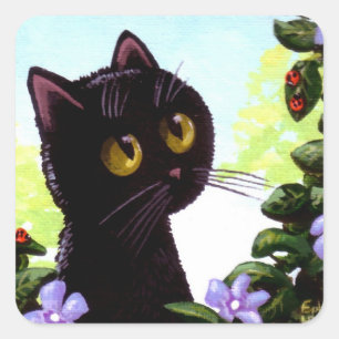 Funny Niedlich Black Cat Art Ladybug Creationarts Quadratischer Aufkleber
