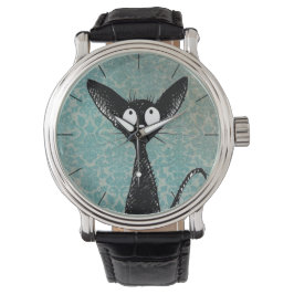 Funny Niedlich Black Cat Art on Blue Damask Armbanduhr