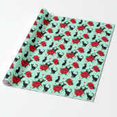 Funny Niedlich Black Cats Rote Rosen Muster Geschenkpapier (Ungerollt)