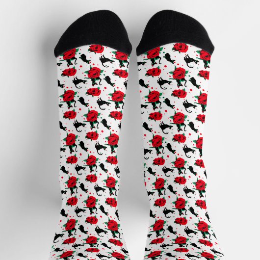 Funny Niedlich Black Cats Rote Rosen Muster Socken (Oben)