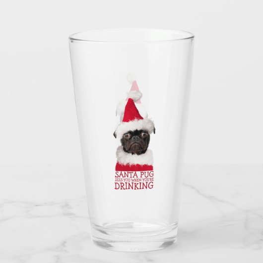 Funny Niedlich Black Mops Weihnachtsmannmütze Weih Glas (Rückseite)