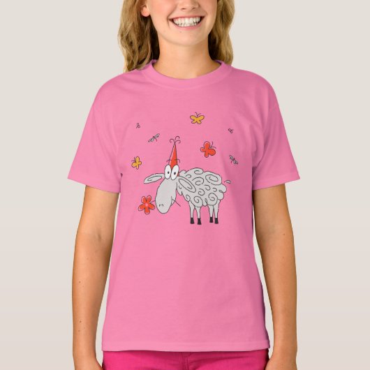 Funny Niedlich Cartoon Sheep Blume Butterfly Girl T-Shirt (Vorderseite)