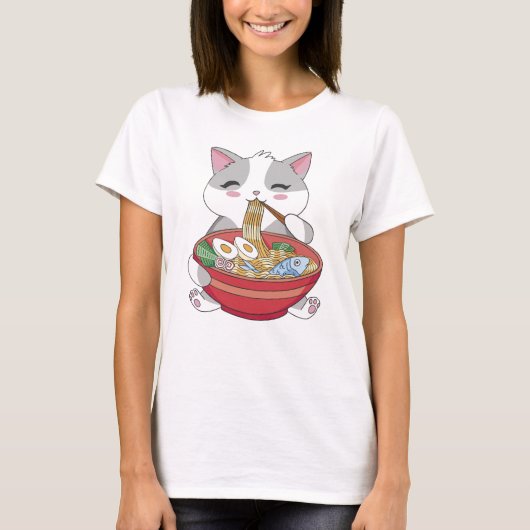 Funny Niedlich Cat Eating Ramen T-Shirt (Vorderseite)