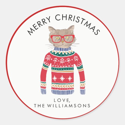 Funny Niedlich Cat Wear Ugly Weihnachtssüßer Runder Aufkleber (Vorderseite)