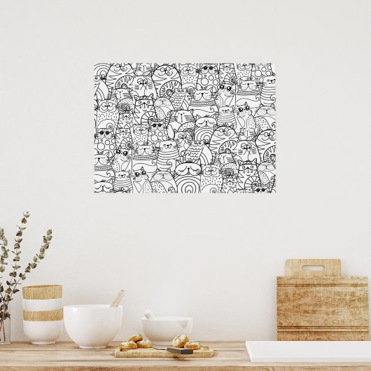 Funny Niedlich Cats Doodle Entspannen im Party Far Poster (Küche)