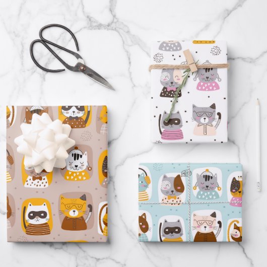 Funny Niedlich Cats Wrapping Paper Set 3 Geschenkpapier Set (Vorderseite)
