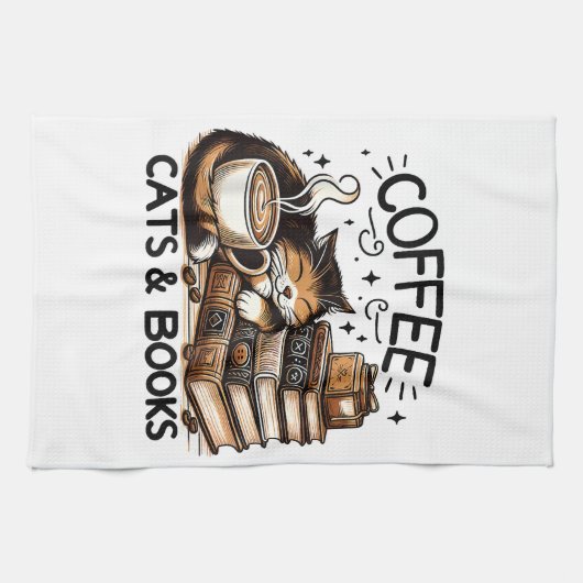 Funny Niedlich Coffee Cats Bücher Lover Gift Idee  Geschirrtuch (Horizontal)