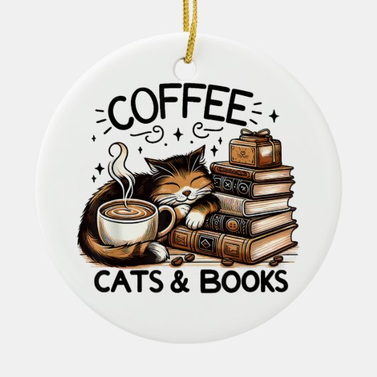 Funny Niedlich Coffee Cats Bücher Lover Gift Idee  Keramik Ornament (Vorne)