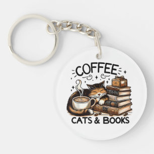 Funny Niedlich Coffee Cats Bücher Lover Gift Idee Schlüsselanhänger