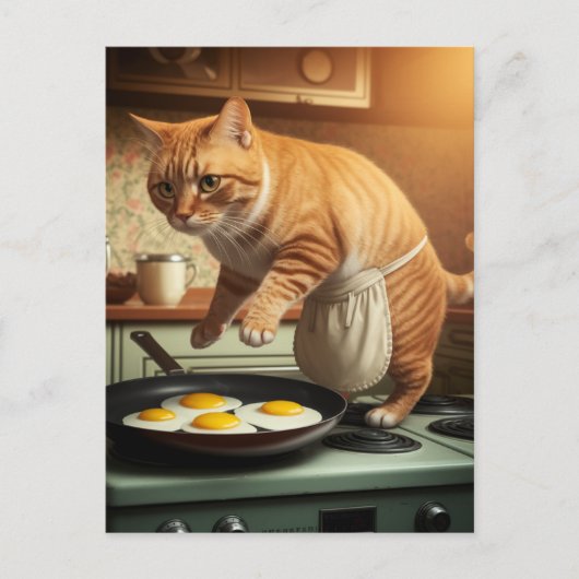 Funny Niedlich Ginger Cat Cooking Eggs for Breakfa Postkarte (Vorderseite)