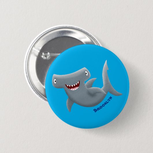 Funny niedlich Hammerhead Hai Cartoon Button (Vorne & Hinten)