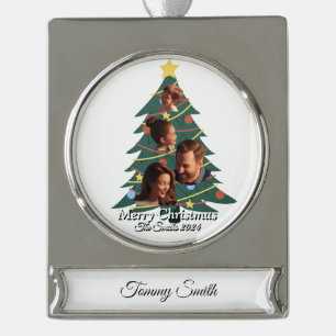 Funny, Niedlich, Modernes Foto Weihnachten Banner-Ornament Silber