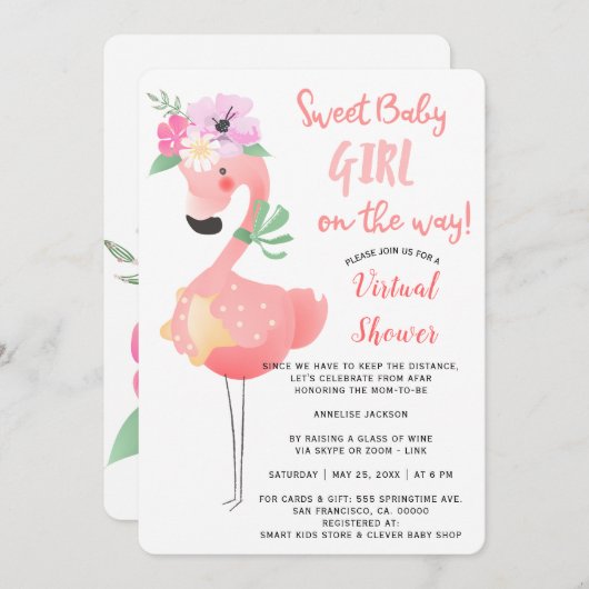 Funny niedlich rosa Flamingo Baby Dusche virtuelle Einladung (Vorne/Hinten)