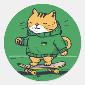 Funny Niedlich Skate Cat on Skateboard Runder Aufkleber